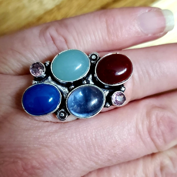 New Oversized Chalcedony, Iolite, Carnelian, Amethyst 925 Silver Ring. - Picture 8 of 12